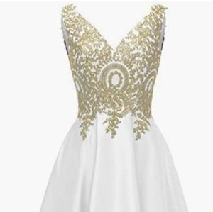 Pageant or prom dress. NWOT White satin and gold lace applique ballgown.